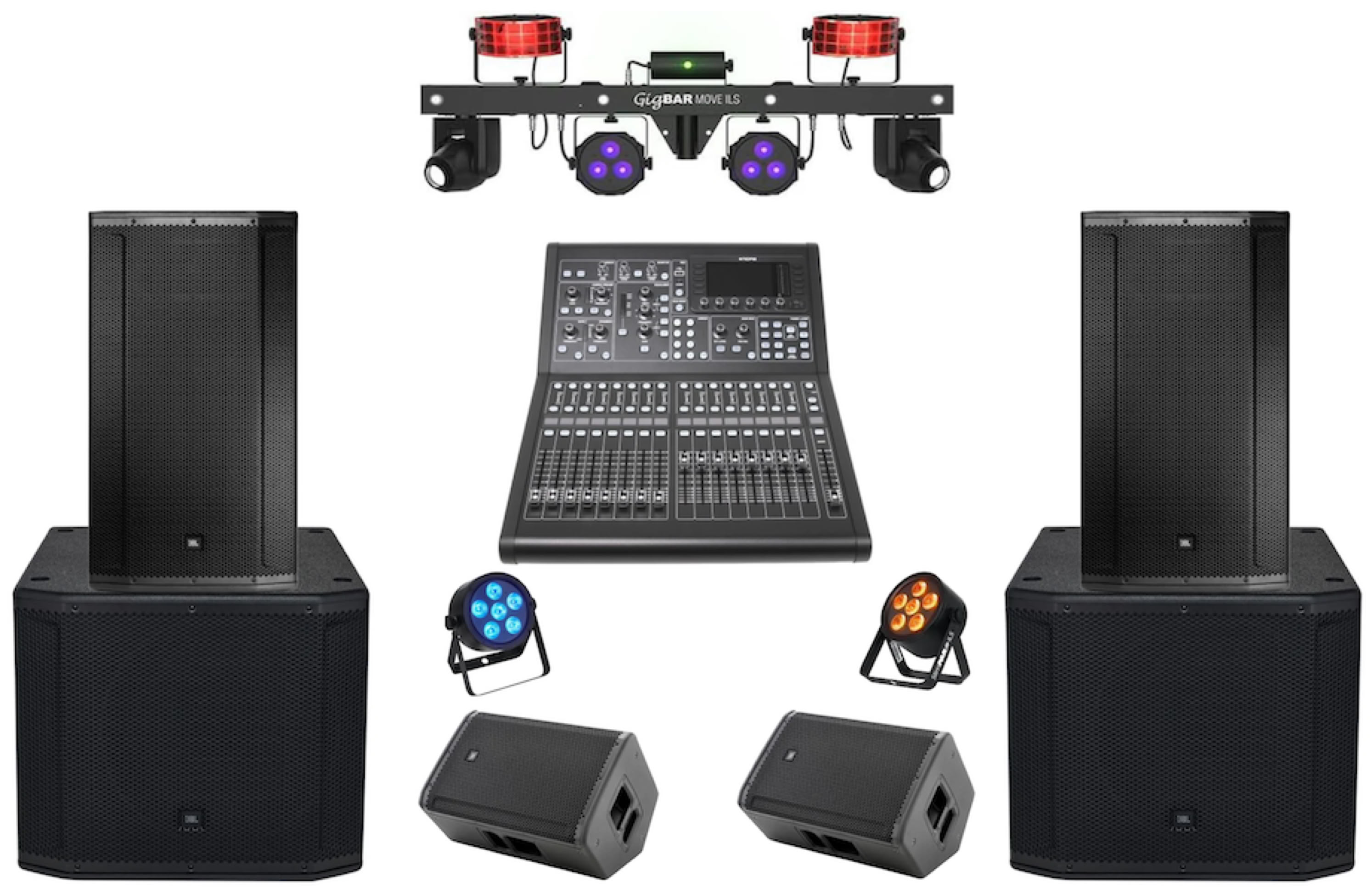 Sound and lighting equipment set including speakers, a mixing console, stage lights, and monitors.