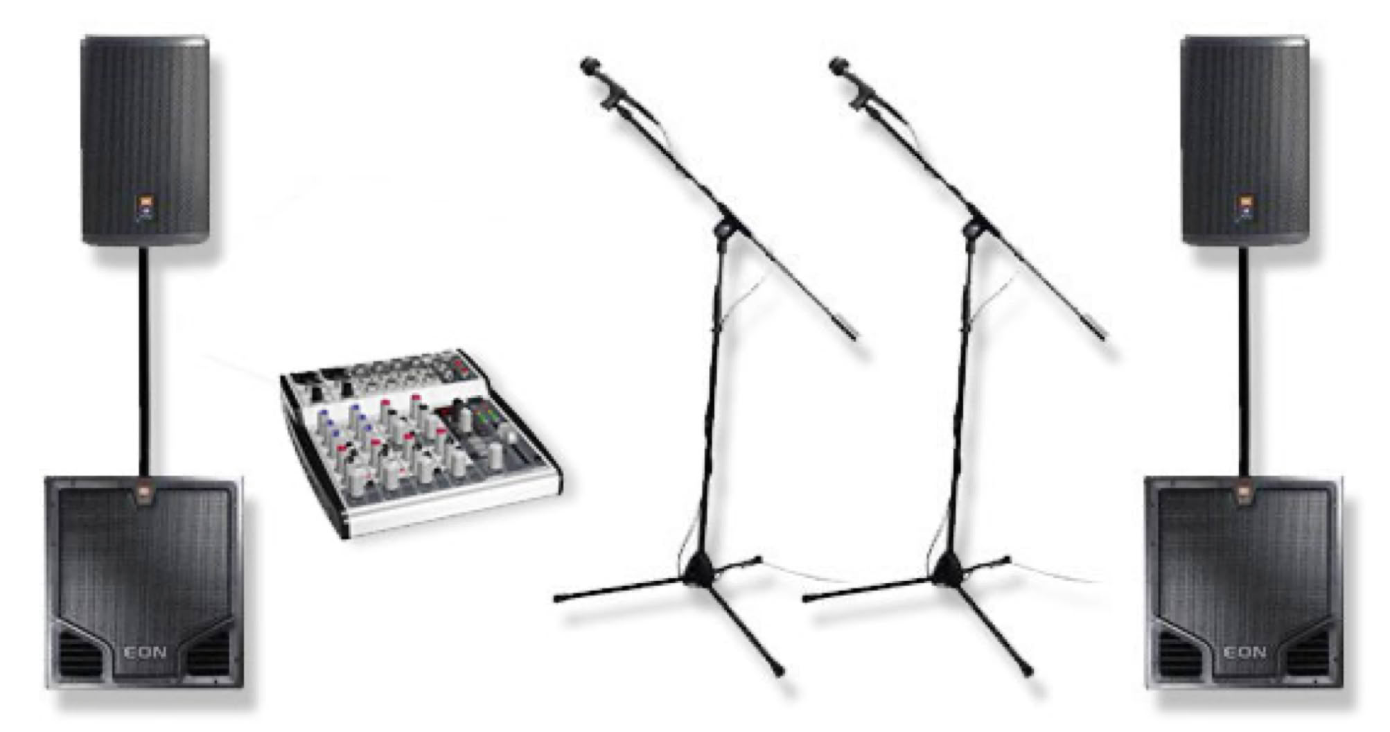 Audio equipment setup with two speakers on stands, two microphones on stands, and a mixing console.