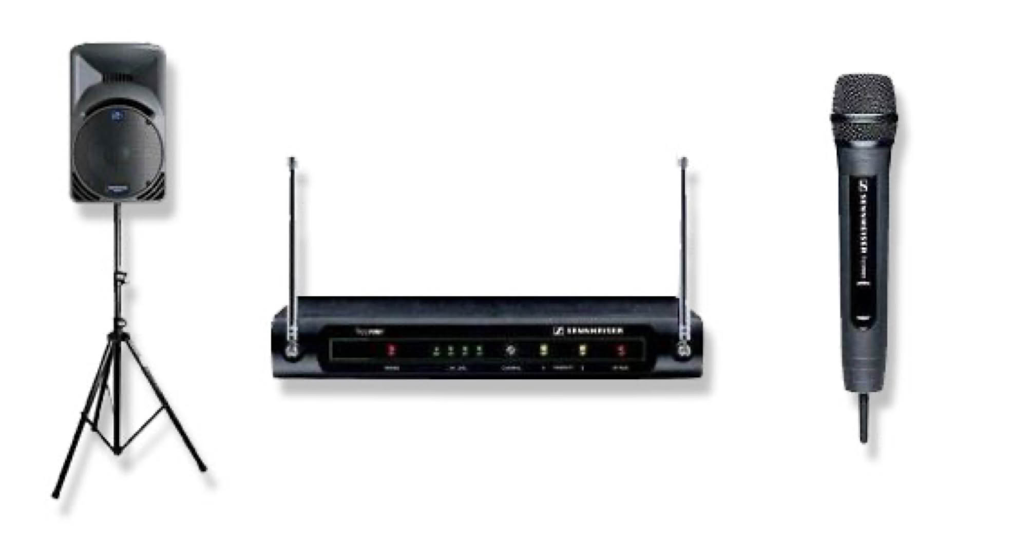 Speaker on a stand, a wireless receiver, and a handheld microphone.